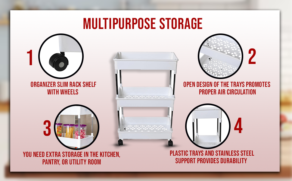 Multipurpose Storage Organizer Slim Rack Shelf With Wheels